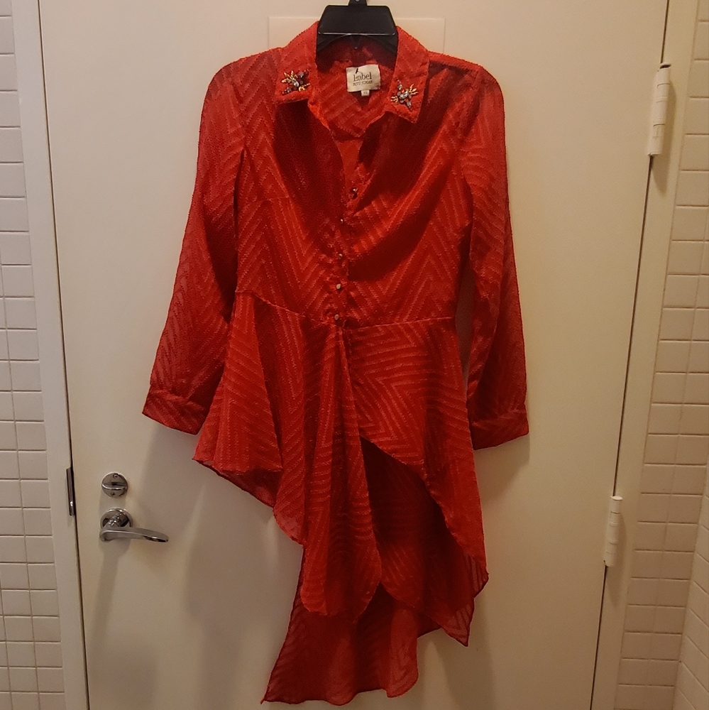 Labe Ritu Kumar Women Red Sheer Stripe Rhinestone Collar Long Sleeve Top XS New.